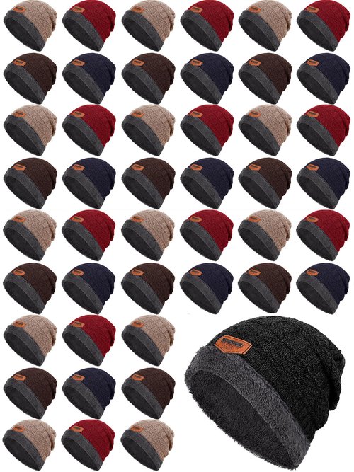 Silicherry 48 Pcs Winter Beanie Bulk for Homeless, Winter Knit Beanies Fleece Inner Warm Hat Thick Knit Skull Cap Beanie Hats for Homeless Donation Shelters