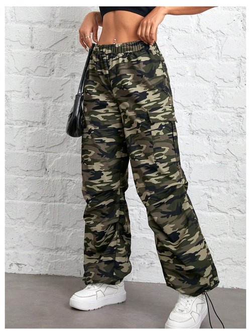 Floerns Girl's Camo Print Straight Leg Y2k Pants Elastic Waist Gym Track Pants Army Green 10Y