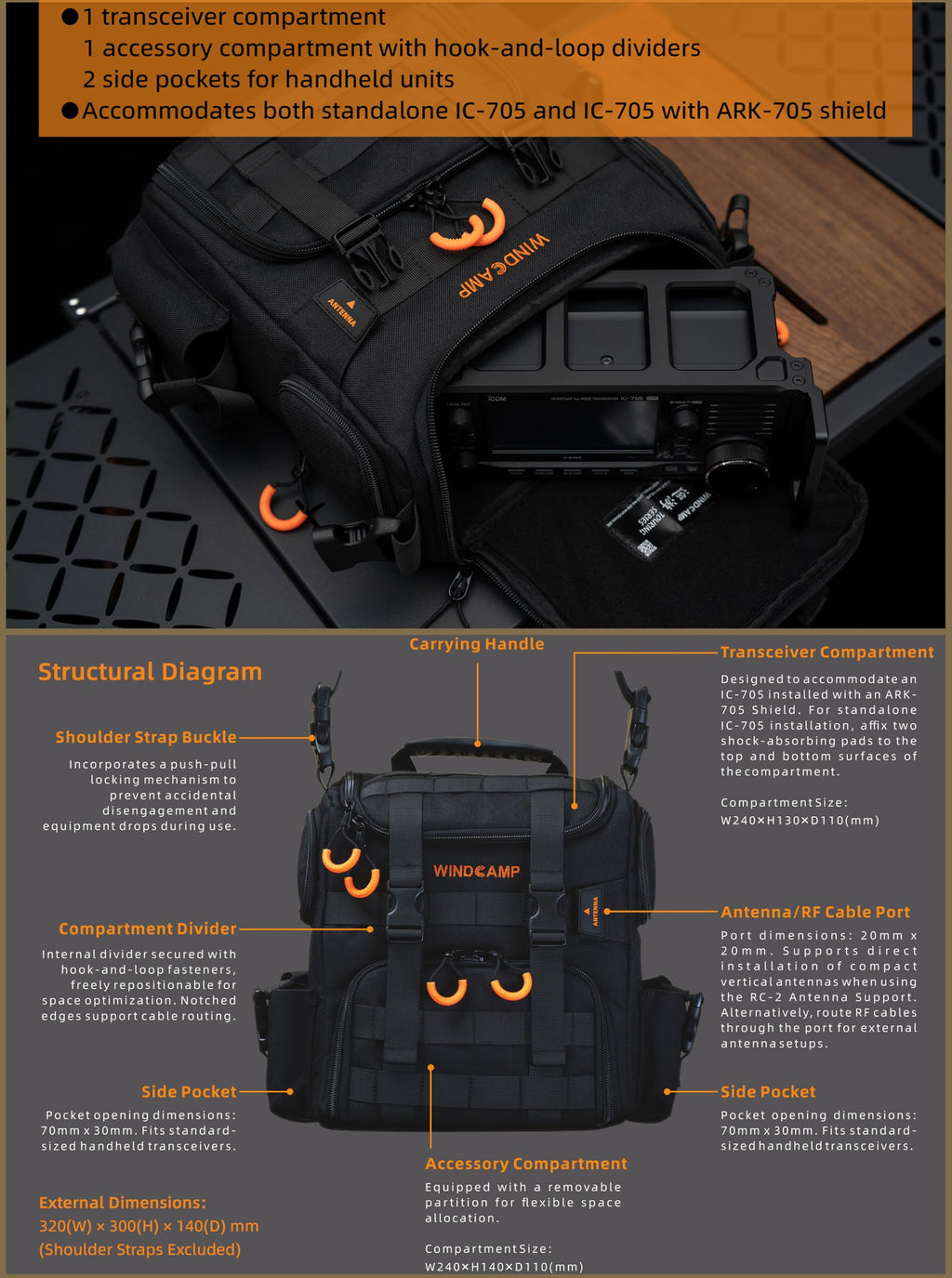 PQIQP WINDCAMP 705 Radio Handbag for ICOM IC-705 FTX-1F Field Pack Compatible with LC-192 GO box Carry Bag Shoulder Bag