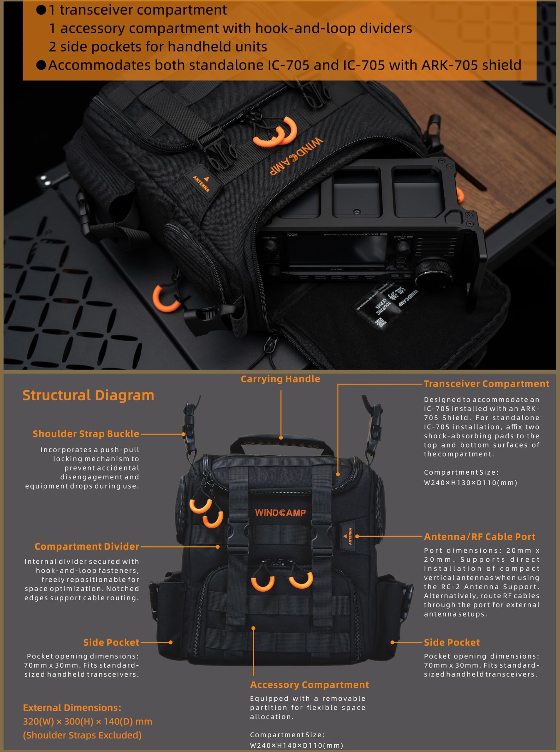 PQIQP WINDCAMP 705 Radio Handbag for ICOM IC-705 FTX-1F Field Pack Compatible with LC-192 GO box Carry Bag Shoulder Bag