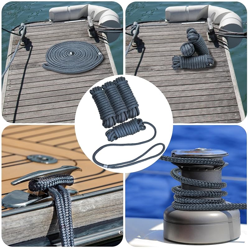 4 Pack 3/8" x 15' Double Braided Nylon Dock Lines – UV Guard, 4150 LBS, Eye Loop