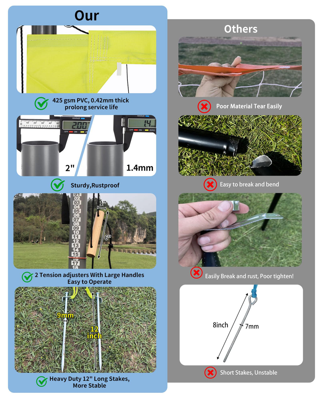 Outdoor Professional Volleyball Net Set with Heavy Duty 2" Adjustable Aluminum Poles, Tetoron Net, Portable 1800D Carry Bag - Super Stable & Anti-Sag with 2 Tension Adjusters for Backyard Beach Grass