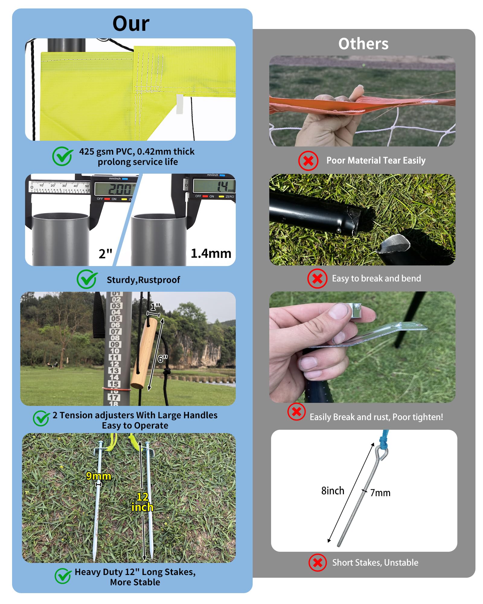 Outdoor Professional Volleyball Net Set with Heavy Duty 2" Adjustable Aluminum Poles, Tetoron Net, Portable 1800D Carry Bag - Super Stable & Anti-Sag with 2 Tension Adjusters for Backyard Beach Grass
