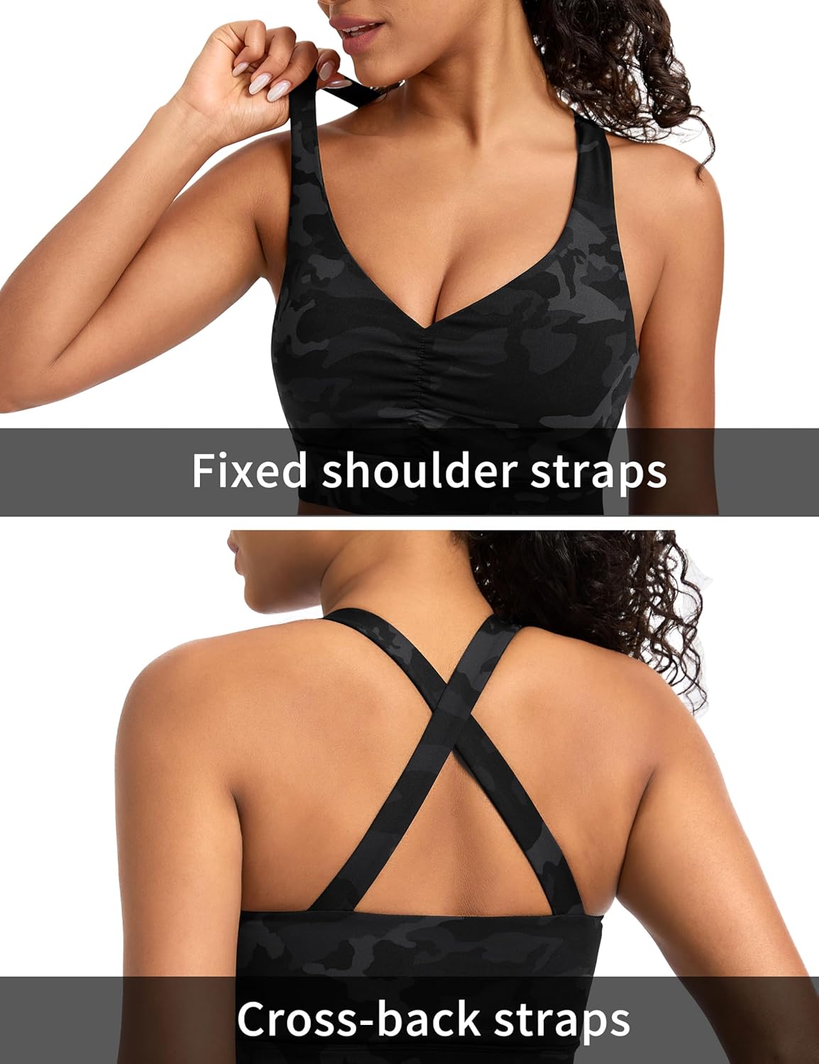 The Gym People Women's Sports Bra - Cross Back Ruched Design with Removable Pads | V Neck, Wide Straps, Yoga Crop Top