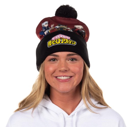 Bioworld My Hero Academia Beanie Deku Shoto Bakugo Sublimated Knit Cuffed Winter Hat with Pom Multicolored