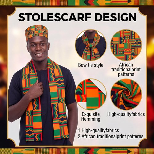 2Pcs African Kente Pattern Kufi Hat Men African Print Scarf Black African History Stole Sash Graduation Women Accessory