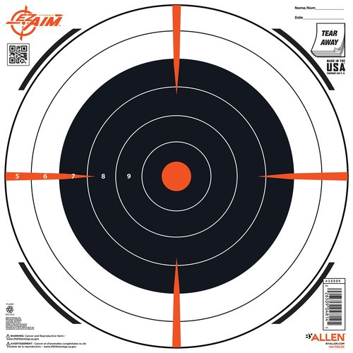 Allen Company EZ Aim Paper Shooting Targets, Bullseye, Peel Away Target Pad, 12" Square, 100-Pack, Black/Orange/White, One Size, (15334-100)