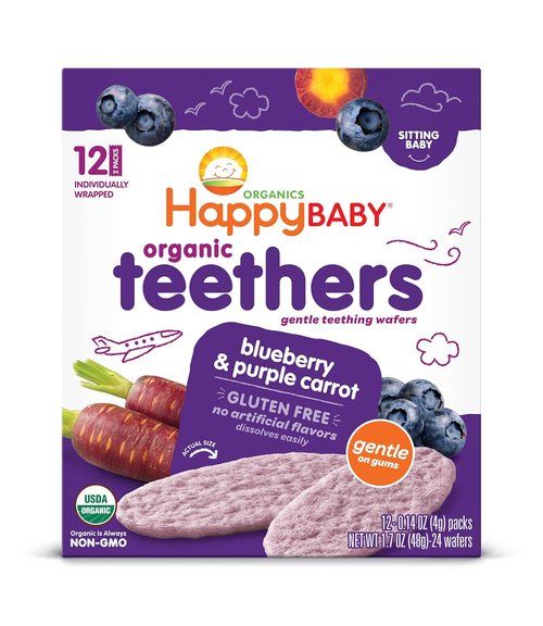 Happy Baby Organic Teething Wafers - Blueberry & Purple Carrot | Soothing Rice Cookies, 0.14 Oz (Box of 12)