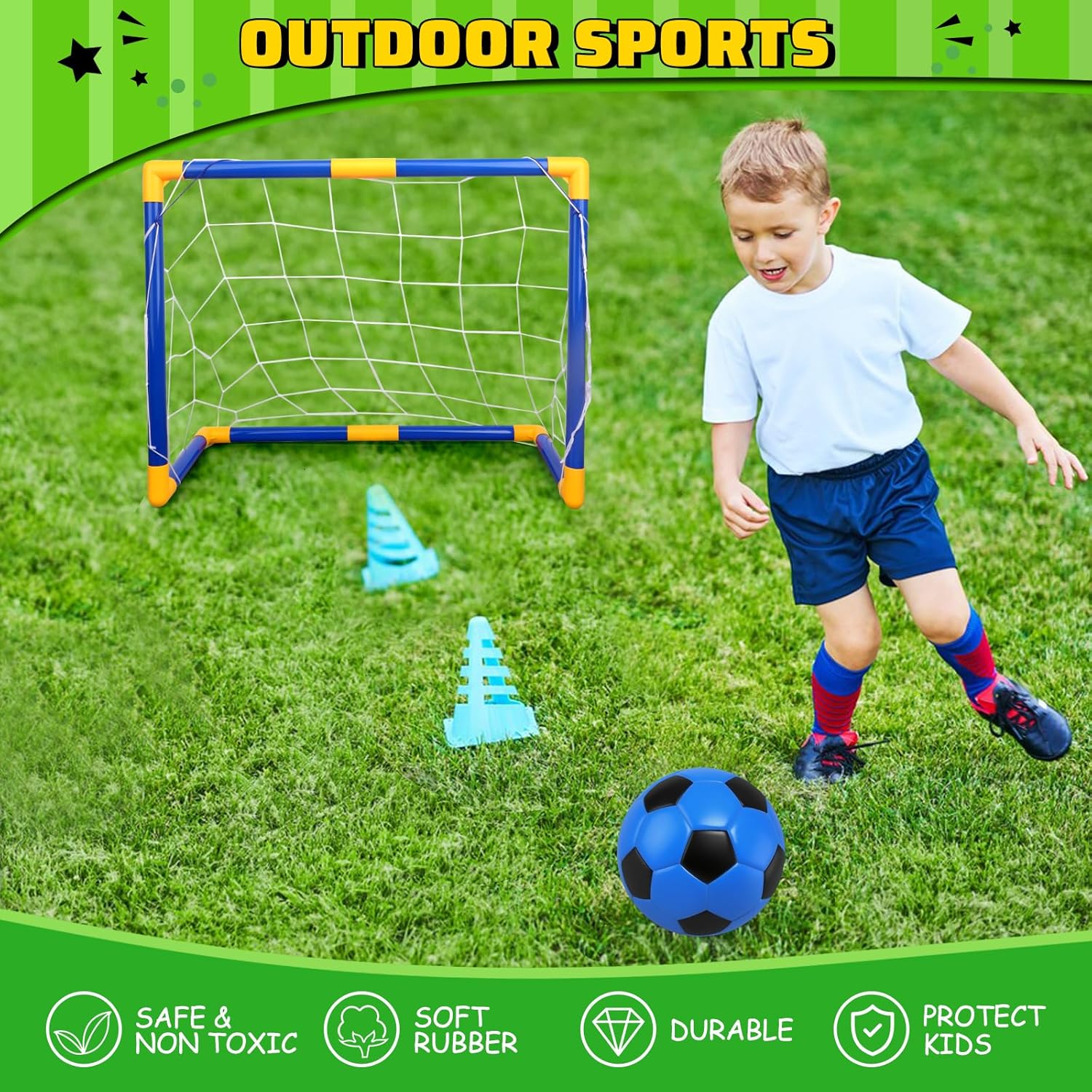Soccer Goal Set with 3 Ball Pump for Toddler Kid, Portable Goals Training Equipment for Garden Indoor Outdoor Backyard, Birthday Gift for Boy Girl Sports Toy Family Game 23" W×18" H×12" D