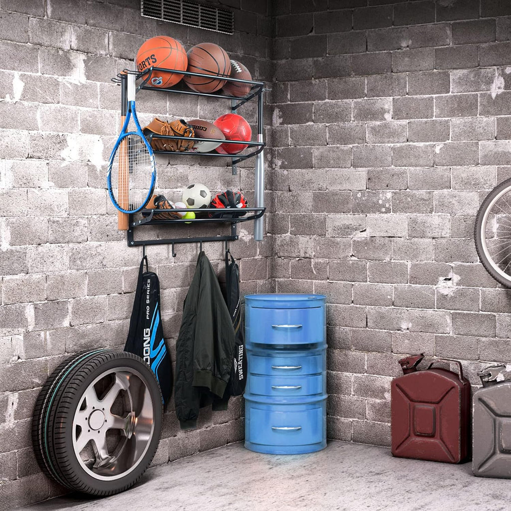 XCSOURCE Garage Sports Equipment Storage Rack - 3 Shelves & 4 Hooks for Organizing Balls & Gear