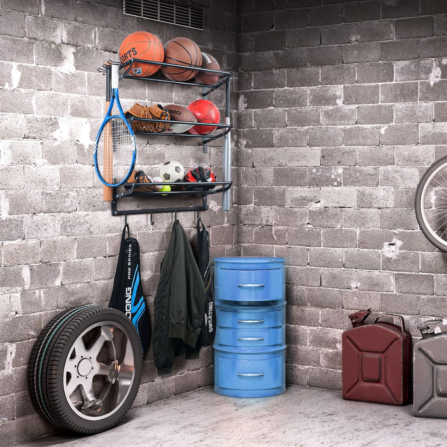 XCSOURCE Garage Sports Equipment Storage Rack - 3 Shelves & 4 Hooks for Organizing Balls & Gear