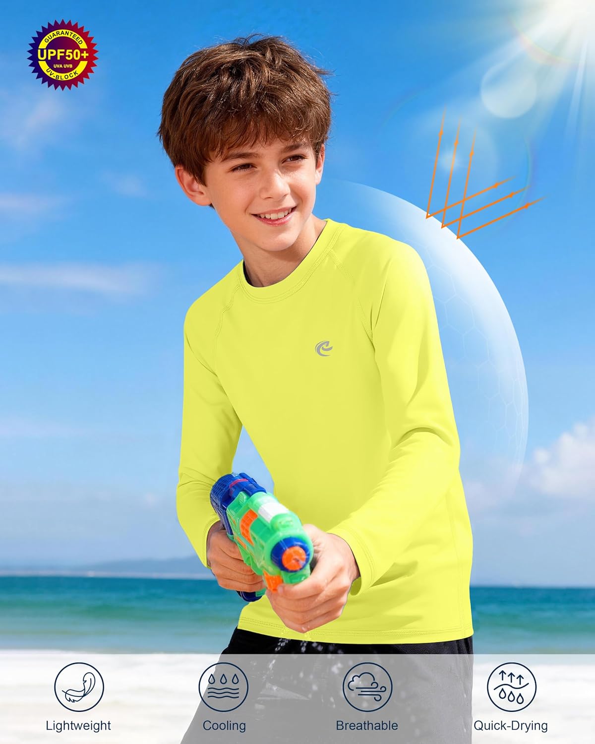Skiennix Boys UPF 50+ Long Sleeve Swim Shirt - UV Sun Protection Rash Guard | Youth SPF Water Shirts