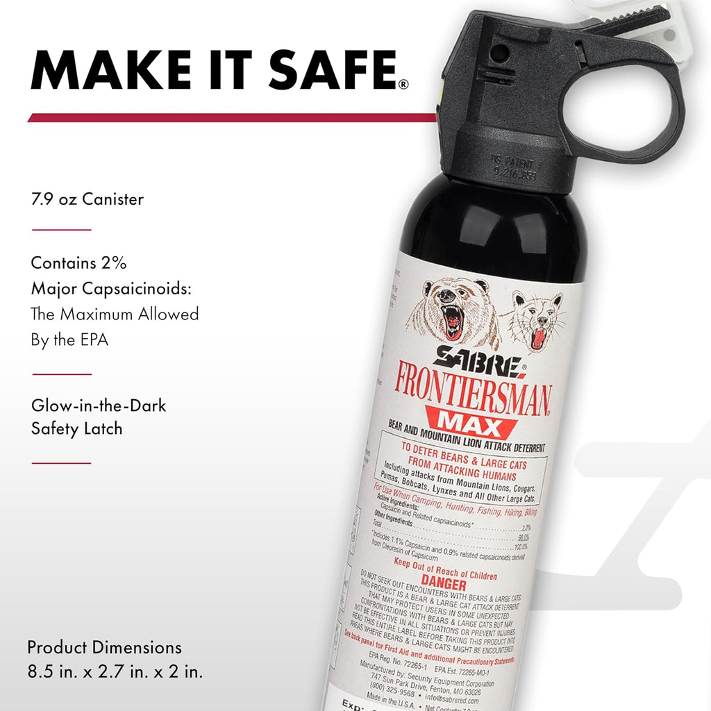 SABRE Frontiersman MAX Bear Spray - Maximum Strength, 40 ft Range, EPA-Registered, 7.9 oz | Outdoor Hiking & Camping Safety