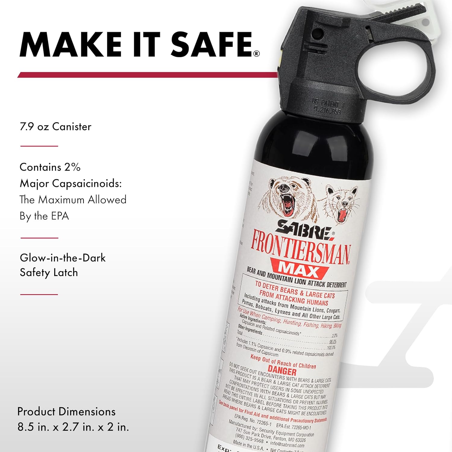 SABRE Frontiersman MAX Bear Spray - Maximum Strength, 40 ft Range, EPA-Registered, 7.9 oz | Outdoor Hiking & Camping Safety