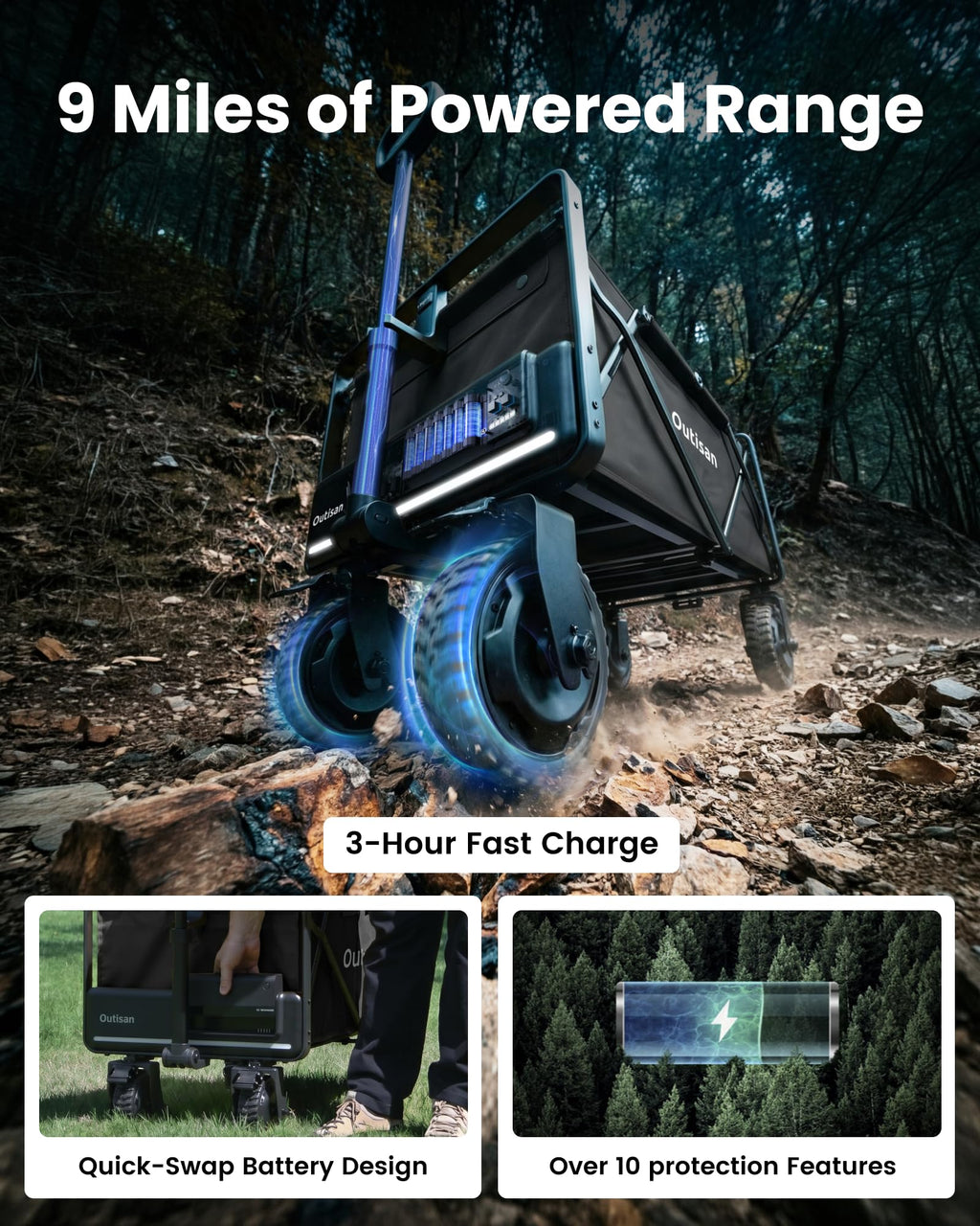 Smart Electric e-Wagon Air 3-Second Fold Cart with 9-Mile Range 300LB Heavy-Duty Dual Motor Wagon All-Terrain Collapsible Wagon for Grocery, Camping, Beach Jet Black