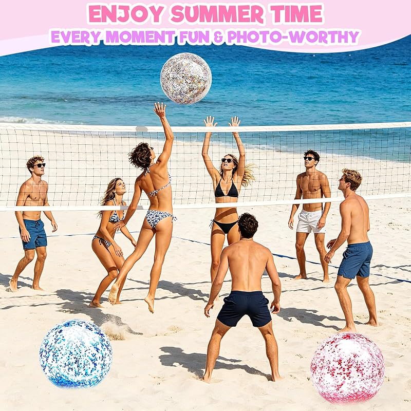 Multicolor 12 Pack 16” Glitter Beach Balls - Inflatable Pool Toys for Summer Party