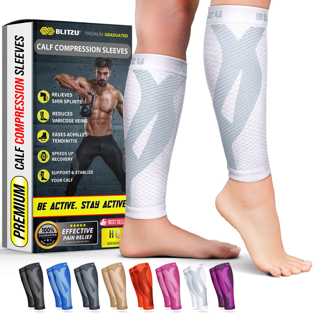 BLITZU Calf Compression Sleeve for Women and Men, Shin Splint Sleeves for Varicose Veins, Nursing, Pregnancy, Running, Footless Compression Socks Support for Calf Muscle Pain Relief White XXL