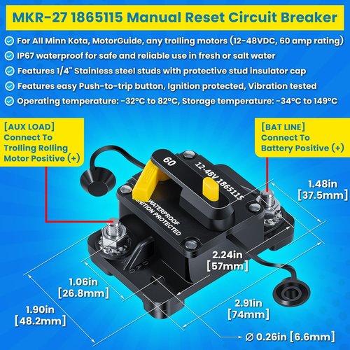 Minn Kota Trolling Motor Plug & Receptacle | 60 AMP Circuit Breaker for Freshwater & Saltwater Boats - Heavy Duty 8AWG