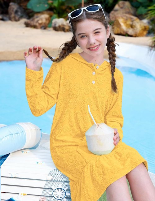 BesserBay Girls' Summer Long Sleeve Coverup - Quick-Dry Terry Fabric with Hood | Sizes 4-14 Years