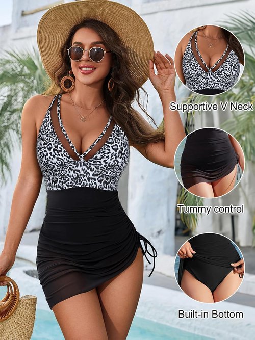 Blooming Jelly One-Piece Swim Dress - Tummy Control & Slimming Mesh Sheer Wrap - Elegant Bathing Suit