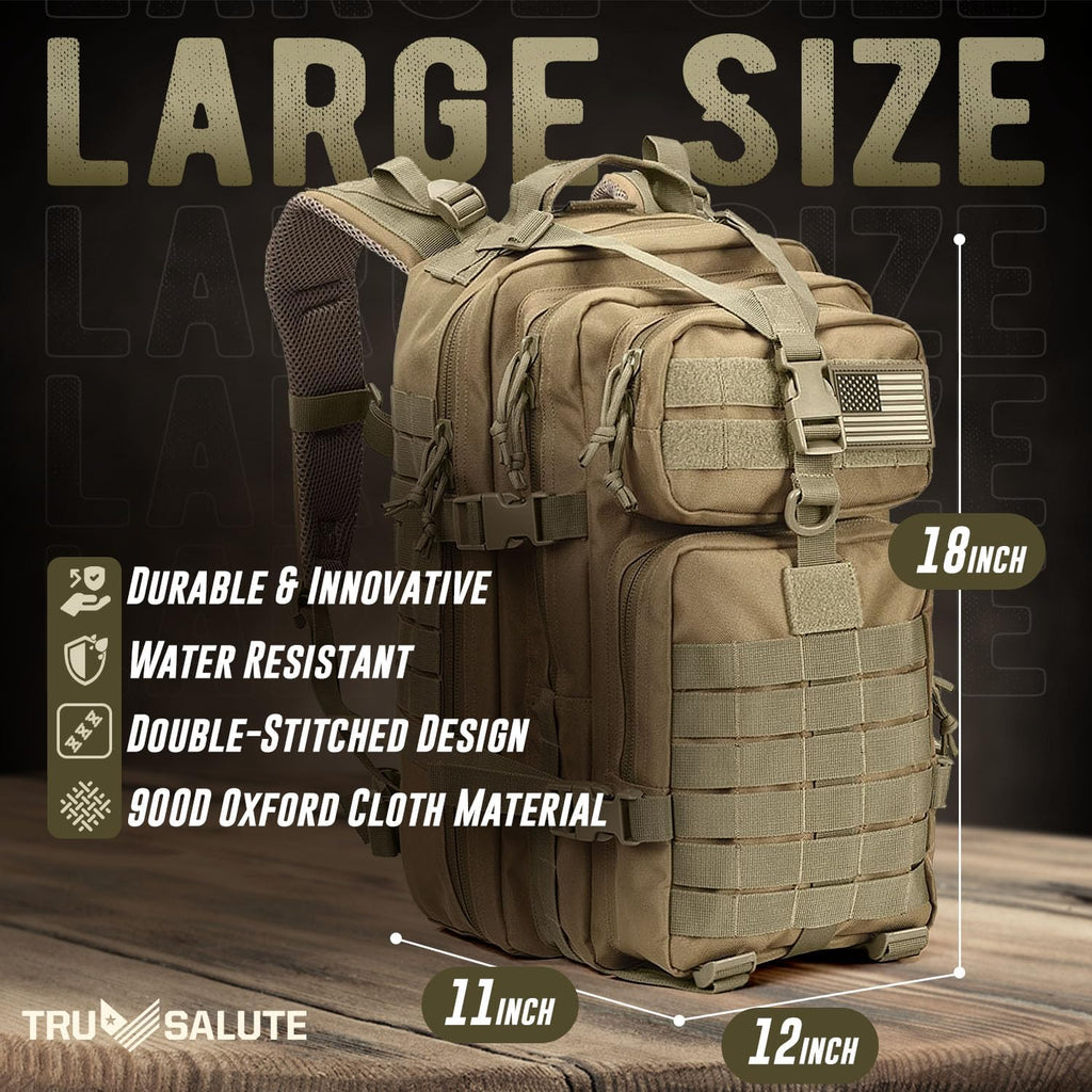 Tru Salute 45L Military Tactical Backpack - Large Army Assault Pack | Molle Bug Out Bag (Tan)