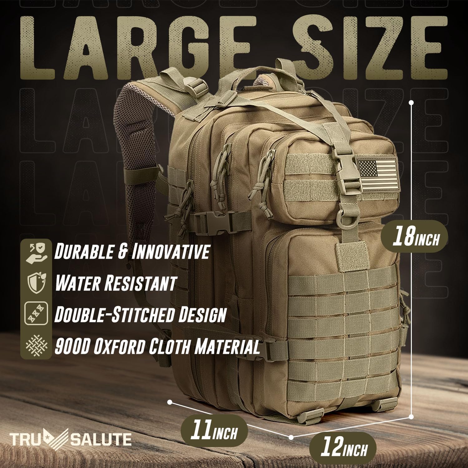Tru Salute 45L Military Tactical Backpack - Large Army Assault Pack | Molle Bug Out Bag (Tan)