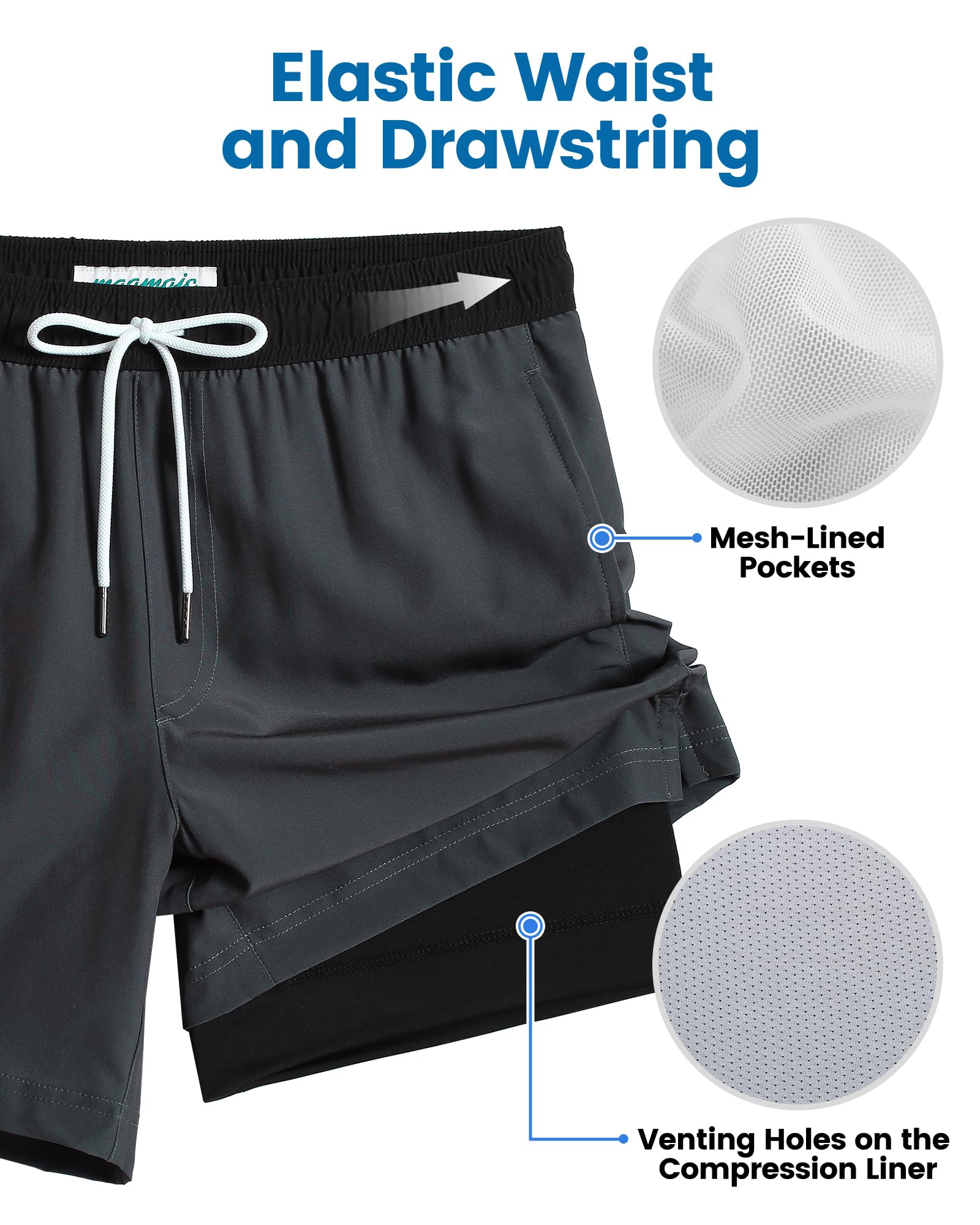 maamgic Mens Swim Trunks with Compression Liner 7 Inch Inseam Mens Bathing Suit Quick Dry Swimming Trunks Swimsuit Dark Grey and Black Small