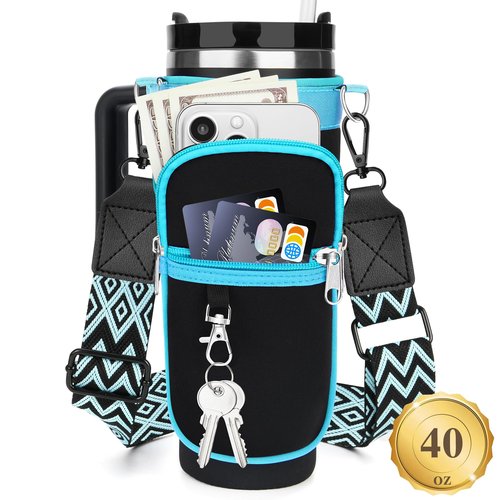 Water Bottle Carrier Bag with Canvas Shoulder Strap for Stanley 40 oz Tumbler with Handle, Water Bottle Holder Pouch with 6.7'' Phone Pocket for Stanley Cup Accessories, Birthday Gifts for Men Women