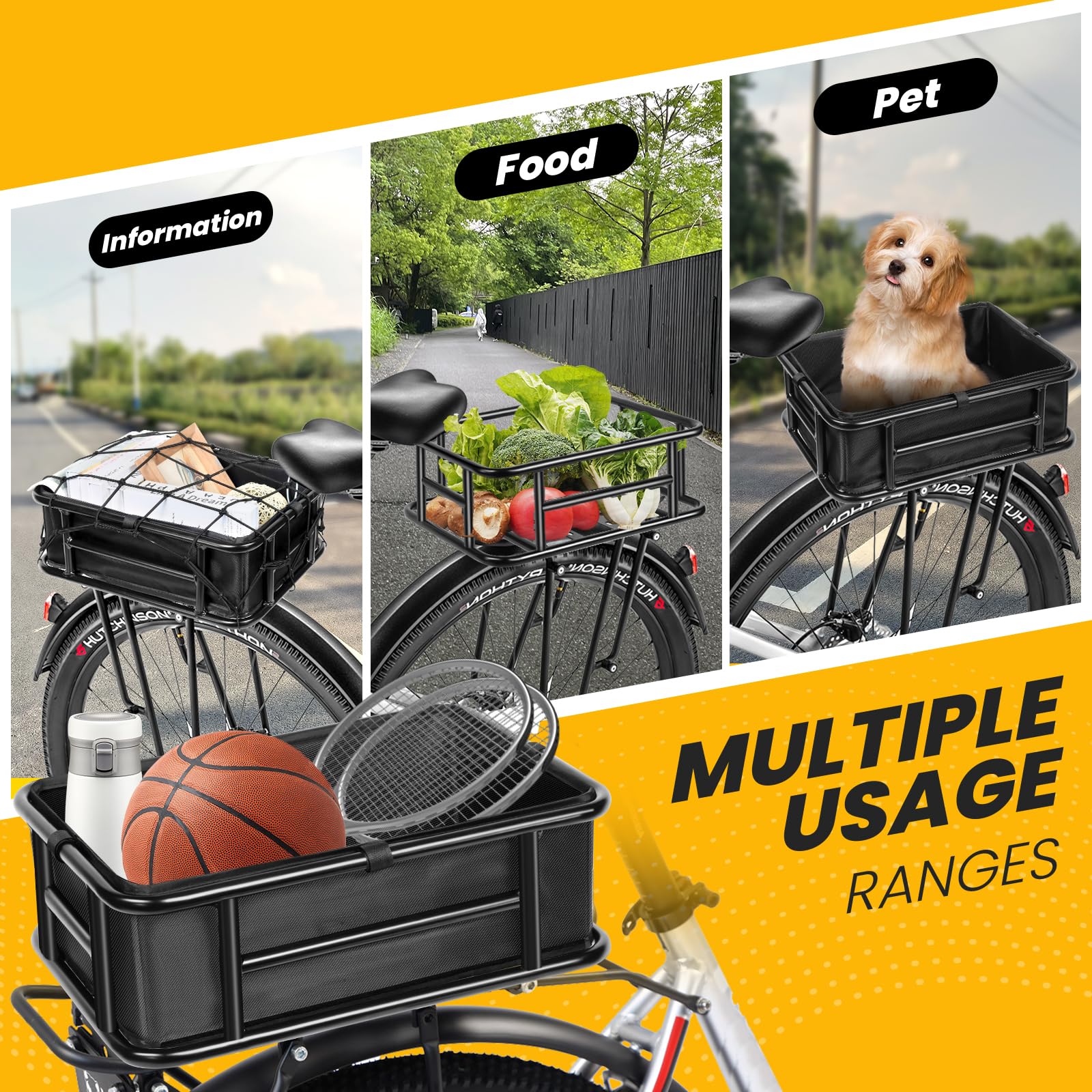 PIREKZUNT Bike Basket, 18"X13"X6" Ebike Rear Basket with Liner,Waterproof Cover,Cargo Net Large Rear Removable Metal Bike Basket, Heavy Duty E Bike Rear Basket