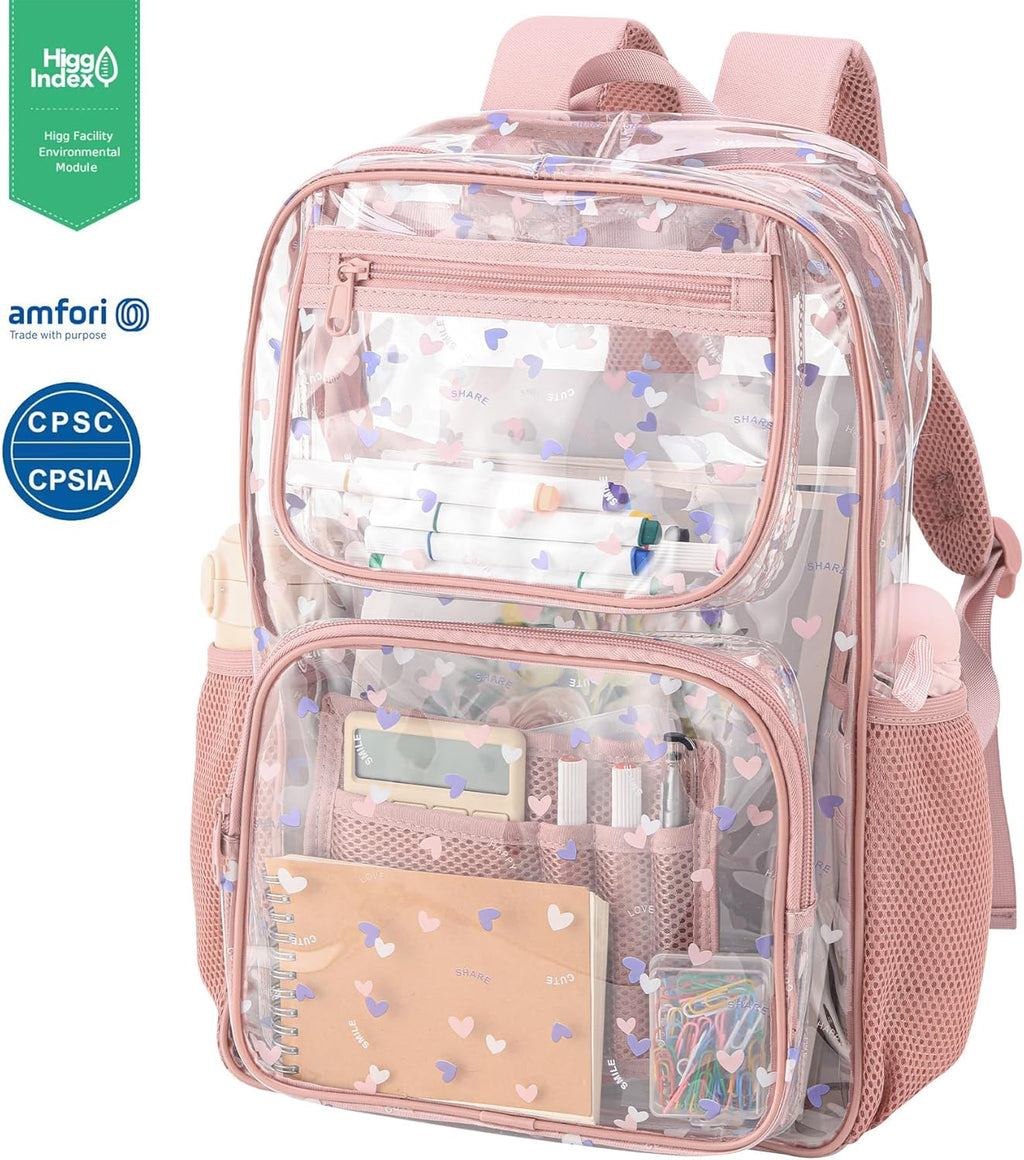 Skiennix Heavy-Duty Clear Backpack - Durable See-Through Bookbag in Pink | Ideal for School