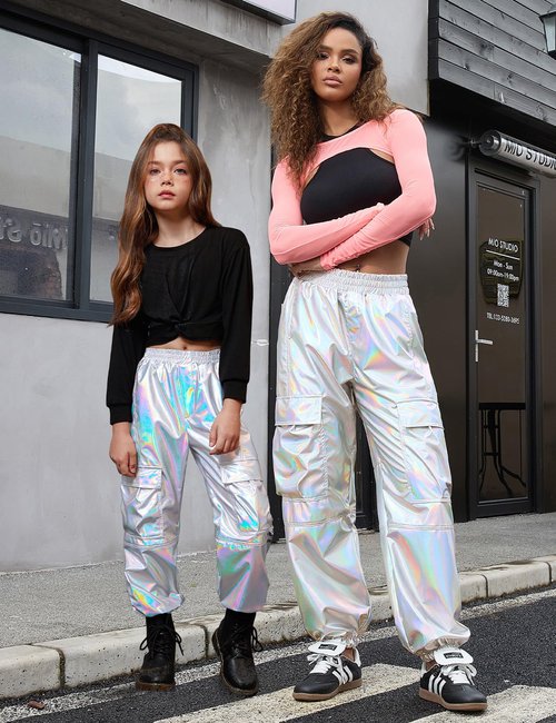 Perfashion Metallic Cargo Pants 4 5t for Girls Silver Hip Hop Dance Joggers Sweatpants for Little Girls Disco 80 S