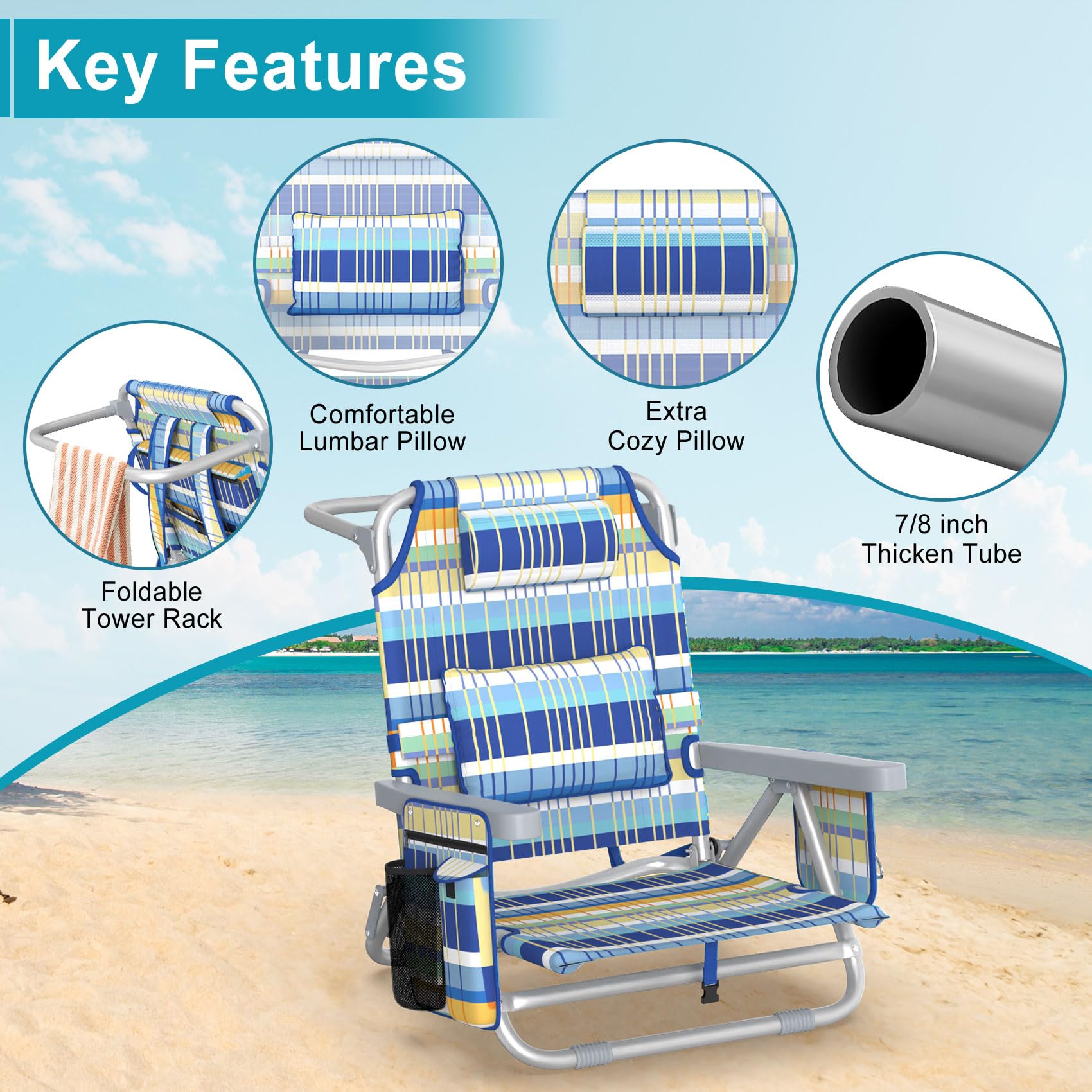 Suteck Beach Chair, Adjustable 5-Position Backpack Beach Chairs for Adults Kids, Foldable Lay Flat Chair with Cooler Bag, Cup Holder and Lumbar Pillow, Reclining Lay Down Chairs for Lawn Outdoor