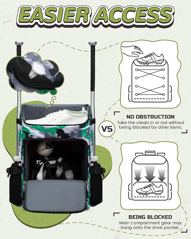 Baseball & Softball Gear Bag for Kids – Green, 19.3" H x 13.4" W x 6.7" D