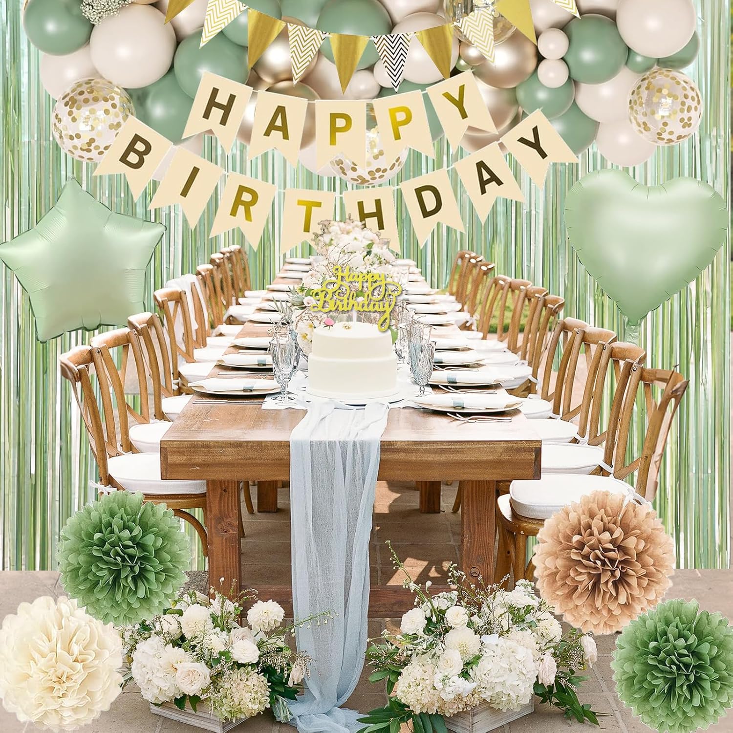 Sage Green Birthday Decorations - Elegant Foil & Latex Balloons, Happy Birthday Banner & Cake Topper | Perfect for Women & Girls