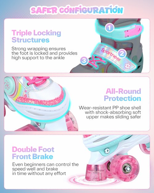 Sportneer Kids Roller Skates with Protective Gear Set, 4 Size Adjustable Girls Roller Skates with 8 Flash LED Wheels, Safe & Fun Skates for Toddlers Ages 3-12 Indoor Outdoor Use