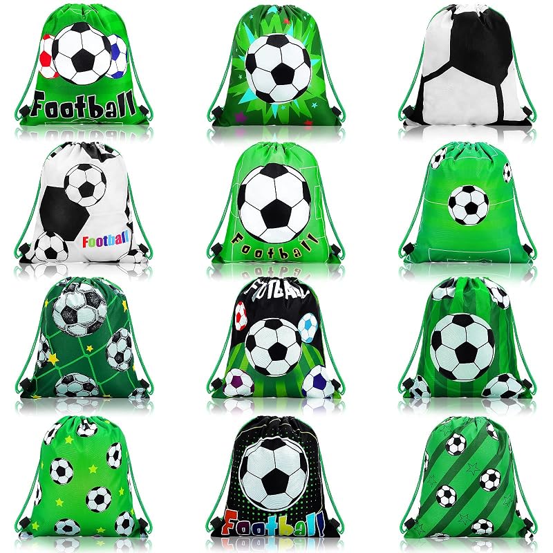 Soccer Themed 12-Pack Drawstring Gift Bags for Kids – Green Mini Soccer Party Favor Bags