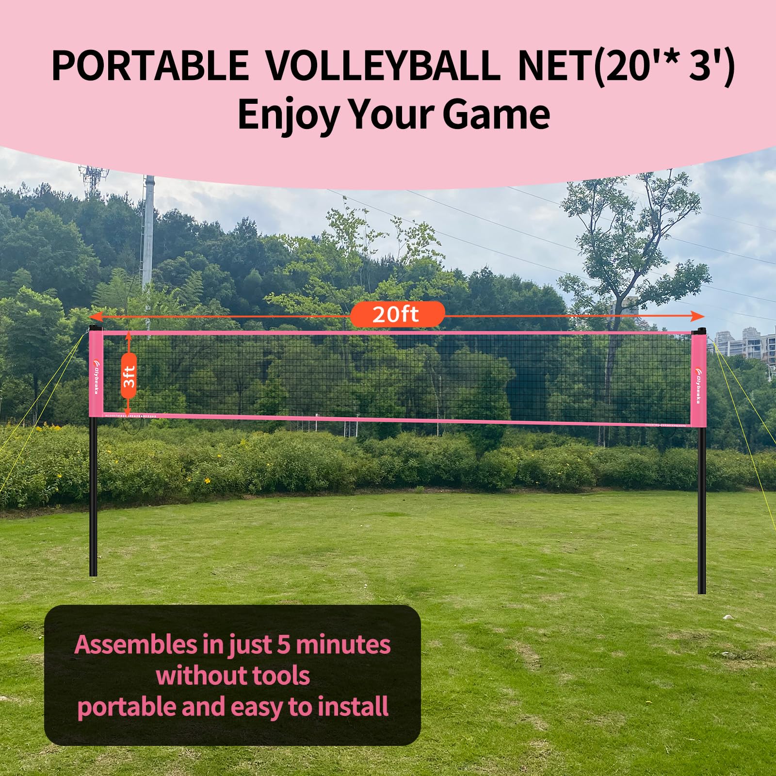 20FT Outdoor Volleyball Net Set System for Backyard Beach with Anti-Sagging Net, Iron Adjustable Height Poles, Soft PU Volleyball and Pump, Carry Bag - Instant Set Up & Durable (Pink)