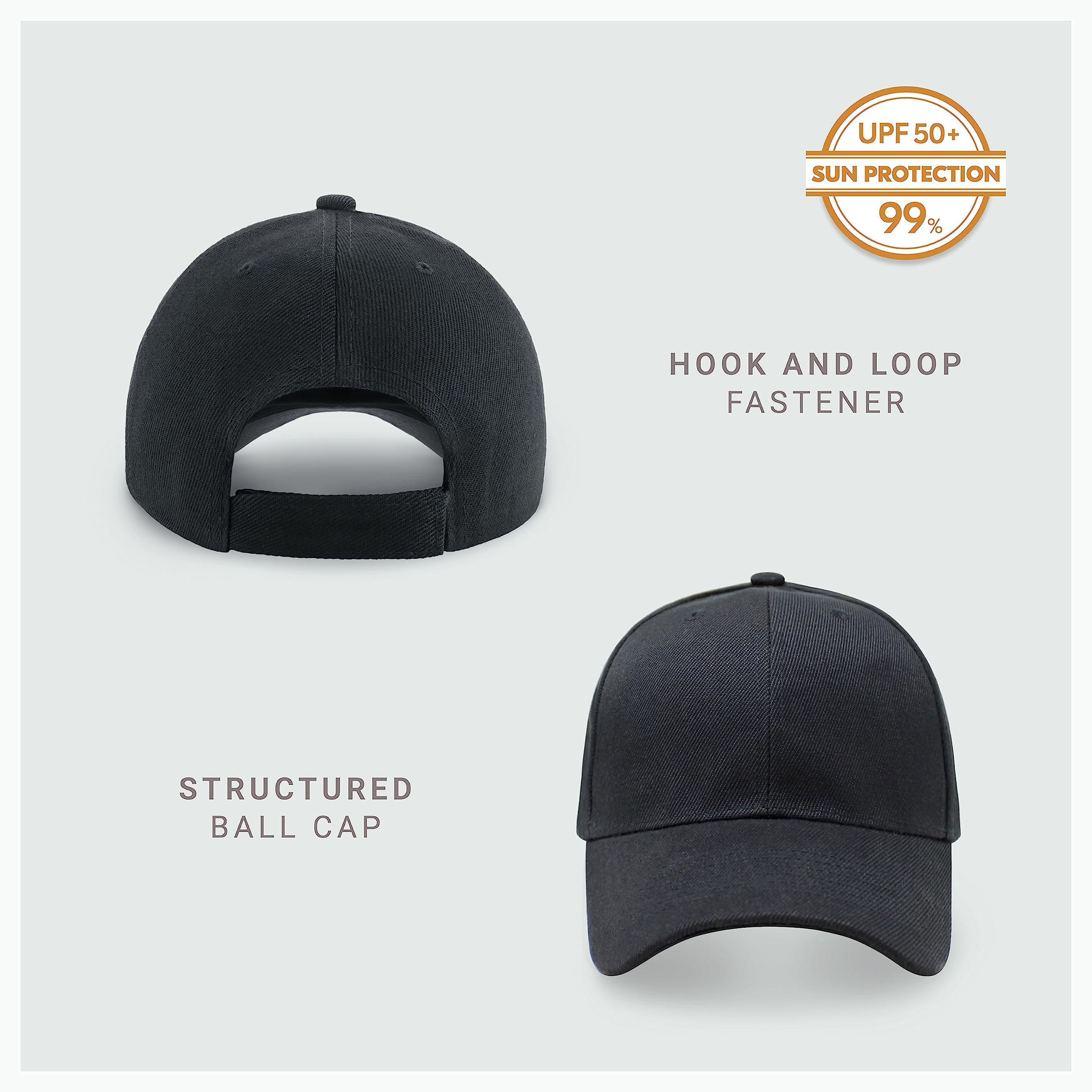 2-Pack Classic Structured Baseball Cap Adjustable Snapback Multipack Ball Caps for Custom Embroidery Running Workouts Outdoor (Black, 2)