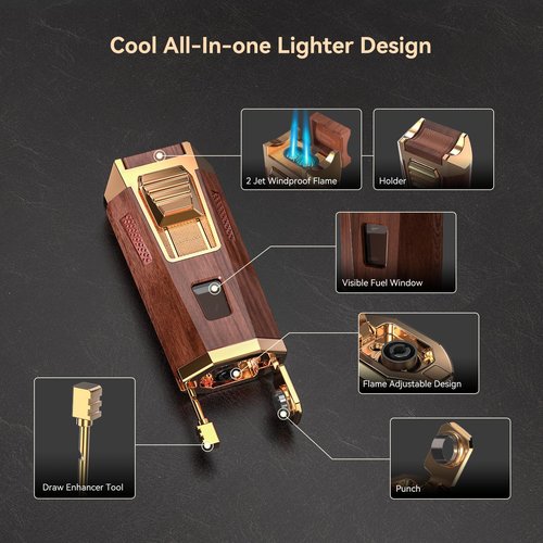 All-in-One Torch Lighter with Punch, Holder, and Draw Enhancer Tool, Adjustable Windproof 2 Jet Flame Lighters, Refillable Lighters Gift for Men (Mahogany)
