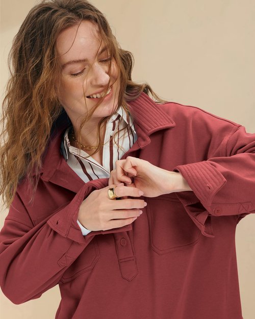 Gacaky Sweatshirt for Women Oversized Casual Long Sleeve Polo V Neck Split Pullover Tops Fashion Outfits Clothes Burgundy Medium