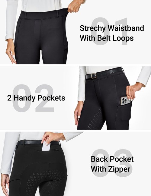 FitsT4 Sports Women's Winter Horse Riding Pants with Zipper Pockets Full Seat Riding Tights Fleece Lined Equestrian Breeches for Women Black XS