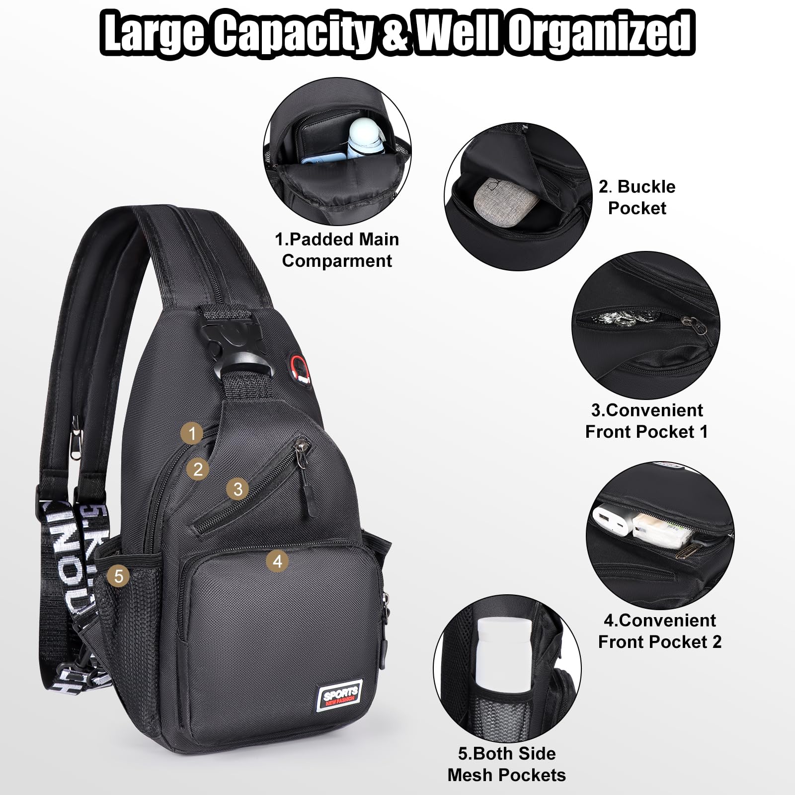 VALUEQLO Crossbody Backpack Convertible Sling Bag for Women Men with Adjustable Strap Small Casual Daypack for Hiking Traveling (Small, 11-Inch, Black)