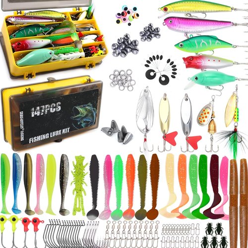Fishing Lures Kit - Complete Tackle Box with Crankbaits, Shrimp Worm Bait & Accessories for Bass, Trout, Salmon