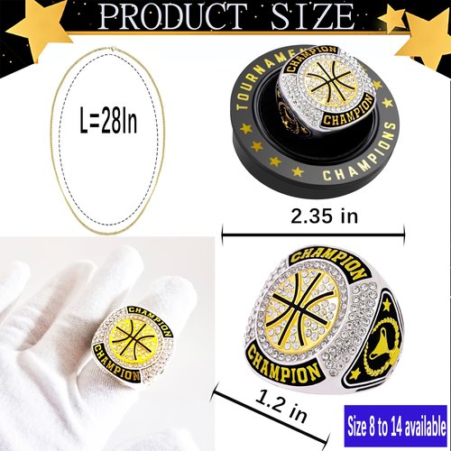 12 Pcs Basketball Championship Rings Basketball Ring Sport Ball Trophy Award Gift With Display Neck Chain and Stand for Tournament or League Champion Winner (12pcs gold basketball rings, size 8)