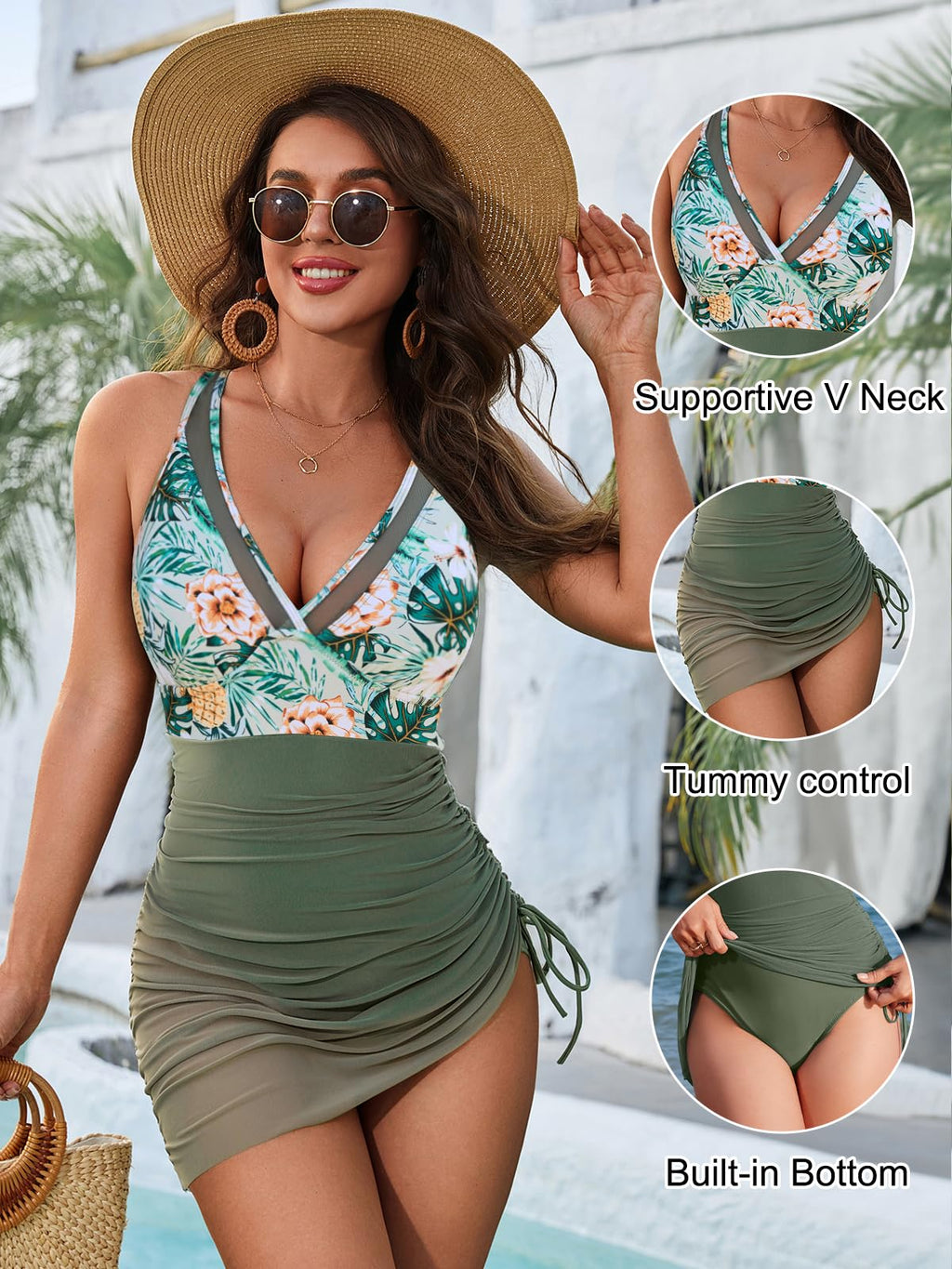 Blooming Jelly Women One Piece Swim Dress Tummy Control Swimsuits Modest Slimming Drawstring Swimwear V Neck Bathing Suit Swim Suits 2025 (XXL, Green Tropical)