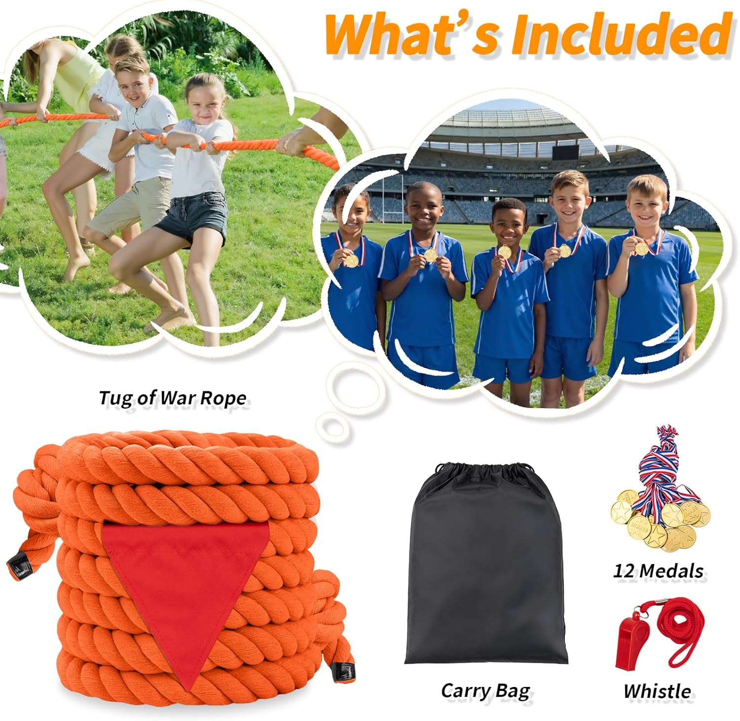 Skiennix Tug of War Rope - 20ft Soft Cotton Outdoor Pulling Rope with Flag for Family Fun | Orange