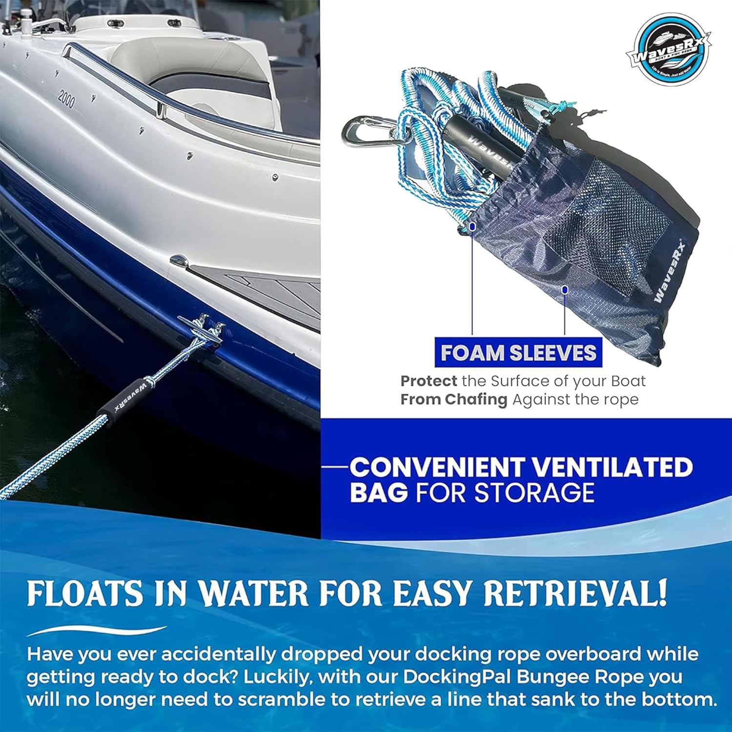 WAVESRX DockingPal - Premium Bungee Dock Line for Boats & PWC | Shock-Absorbing Elastic Mooring Rope for Safe Docking