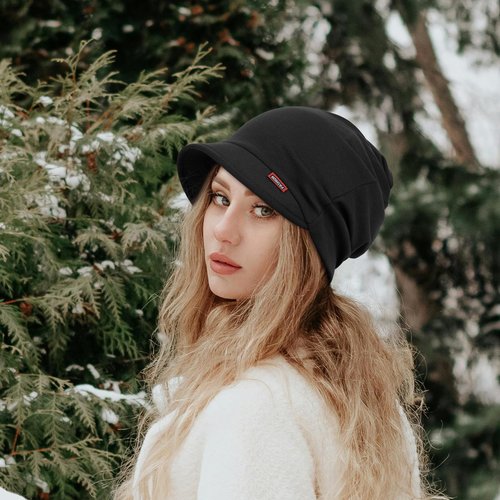 FADACHY Soft Hat for Women - Double-Layer Slouchy Beanie Cap Fashion Visor Hats, Autumn Spring Skull Cap with Brim/Ponytail Hole, Running Hat Black