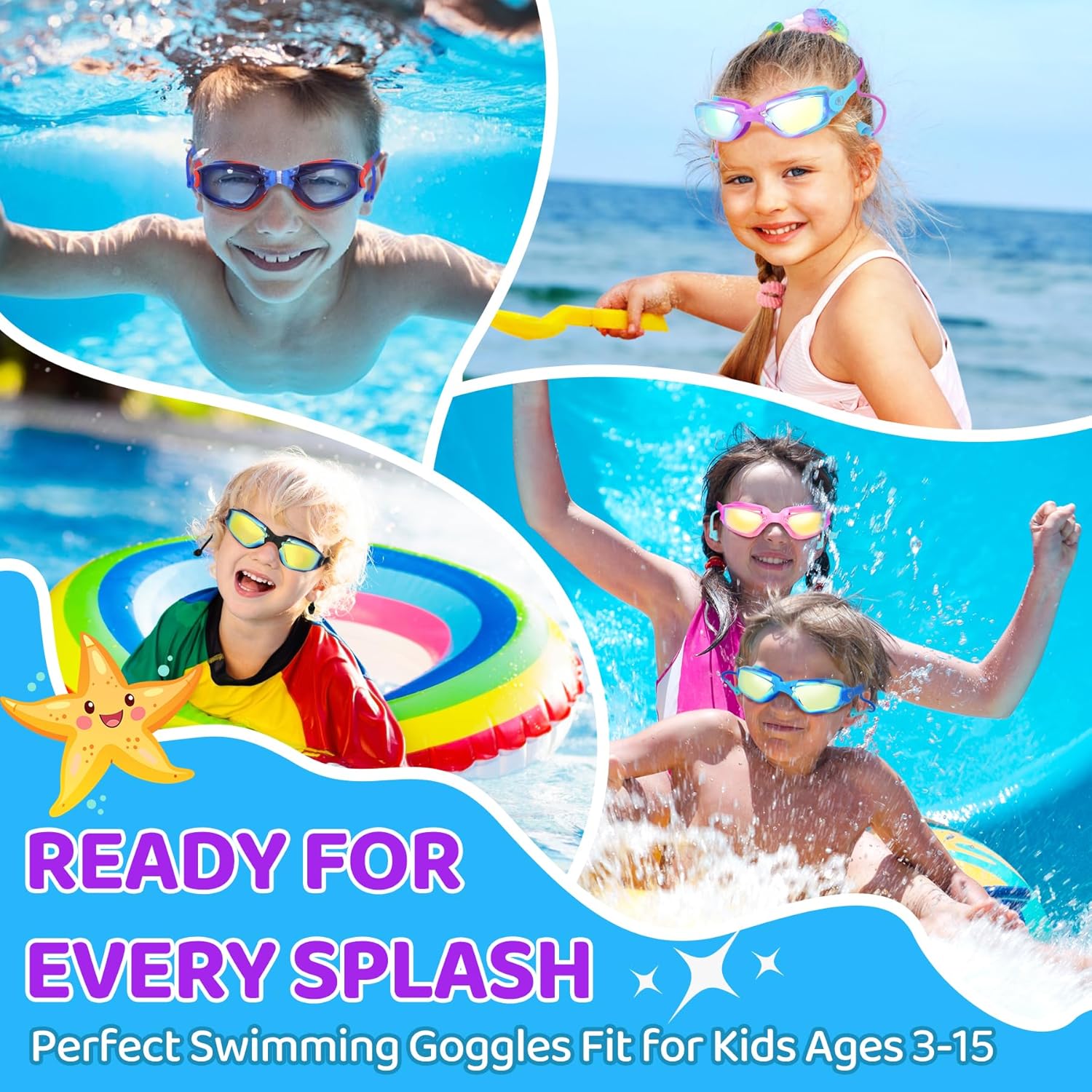 Vvinca Swim Goggles - Anti-Fog & UV Protection | No Leaking Design for Kids Ages 3-15 (2 Pack)