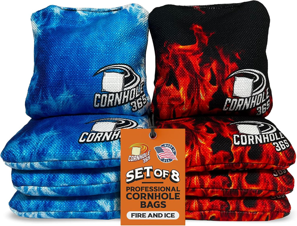 Cornhole365 Cornhole Bags - All-Weather, Heavy-Duty Fabric, Double-Stitched - Fire & Ice Set of 8 for Indoor & Outdoor Fun
